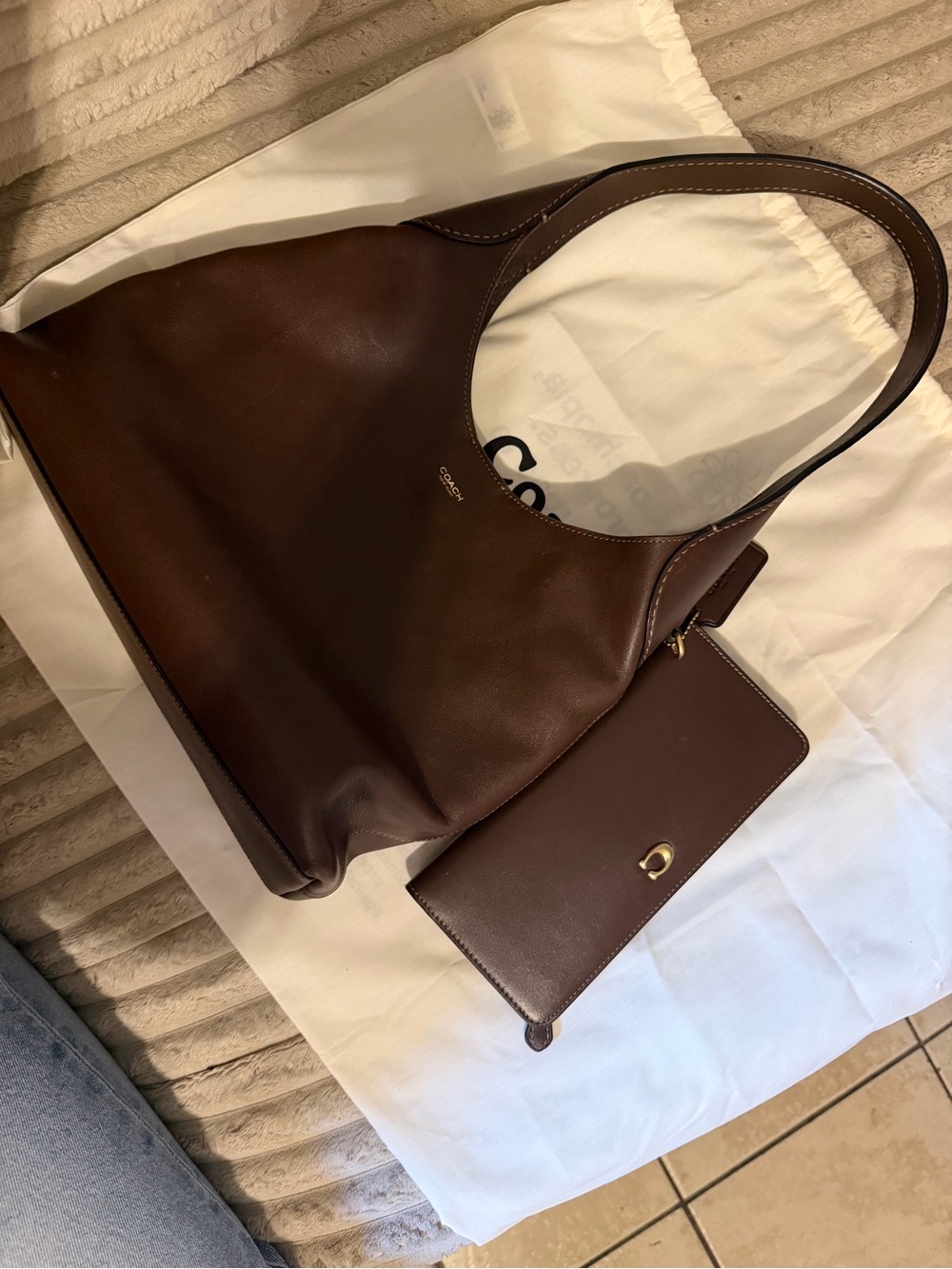 Coach Dark Brown Leather Shoulder Bag with Matching Wallet